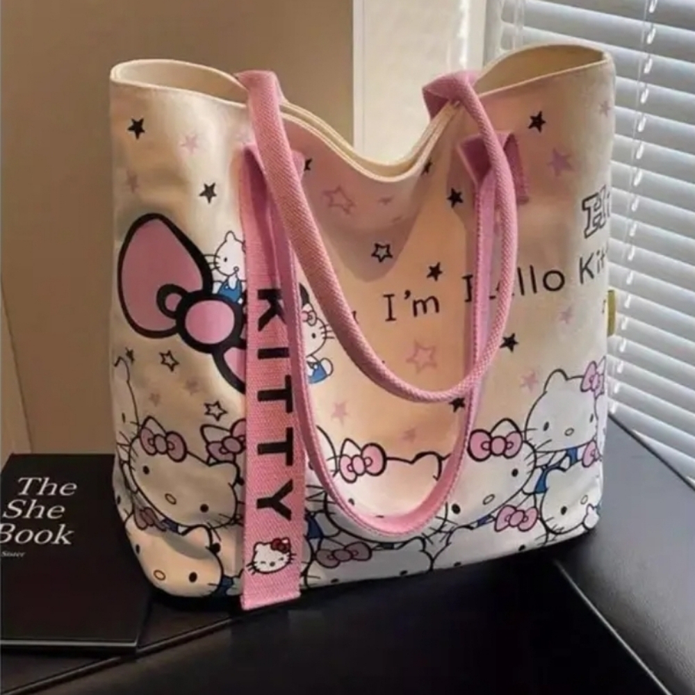 Licensed Hello Kitty Pink and Cream Tote Bag W Zipper.  Back To School.